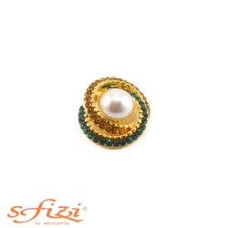 Gold Plated Buttons with Amber and Green Rhinestones with central Pearl 25 x 30 mm