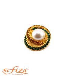 Gold Plated Buttons with Amber and Green Rhinestones with Central Pearl 27 x 33 mm