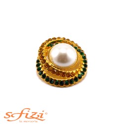 Gold Plated Buttons with Amber and Green Rhinestones with Central Pearl 33 x 47 mm